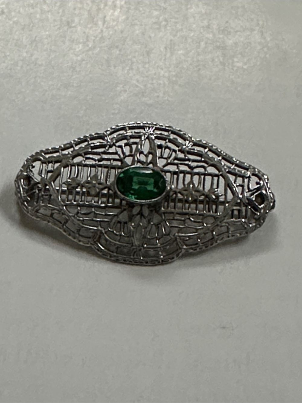 Vintage Silver Filigree Brooch with Emerald Green Stone